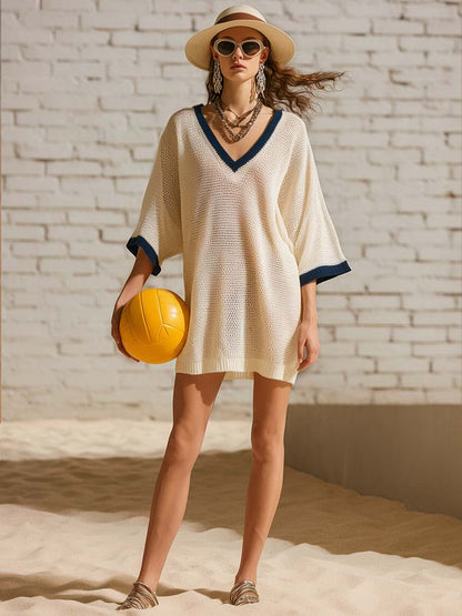 Comfortable And Breathable V-neck Short-sleeved Off-white Openwork Knit Mini Dress