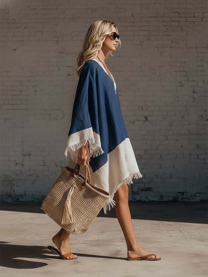 Loose-fitting Bohemian V-neck Frayed Dark Blue And White Color-blocked Cotton And Linen Mini Dress
