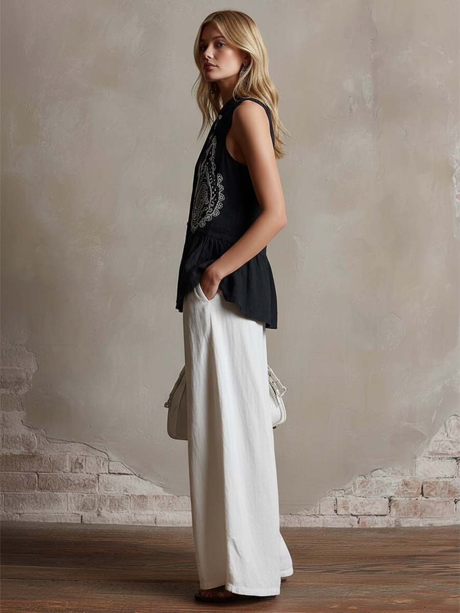 Retro Casual Paisley Embroidered Black Button-down Top And White Cotton-linen Trousers Set