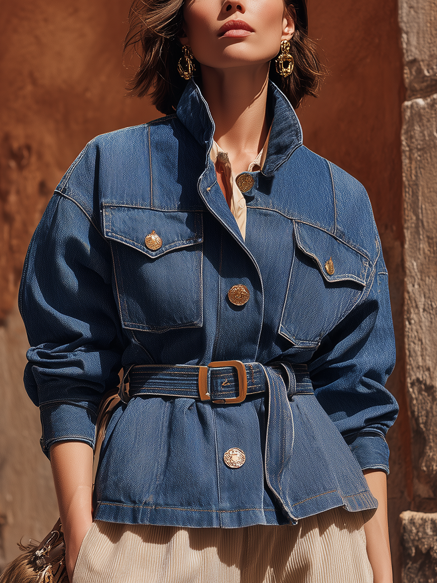 Urban Retro Cool Blue Denim Belted Loose Jacket