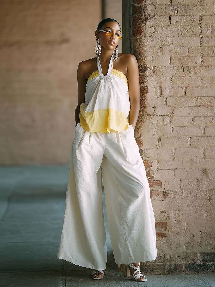 Casual Urban Halter Neck Yellow And White Contrast Cotton Top And Pants Set
