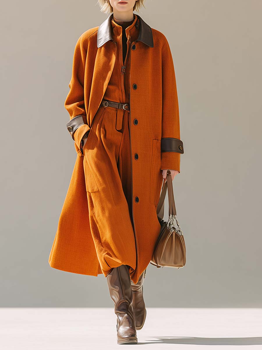 Retro Fashion Orange Leather Patchwork Button Coat