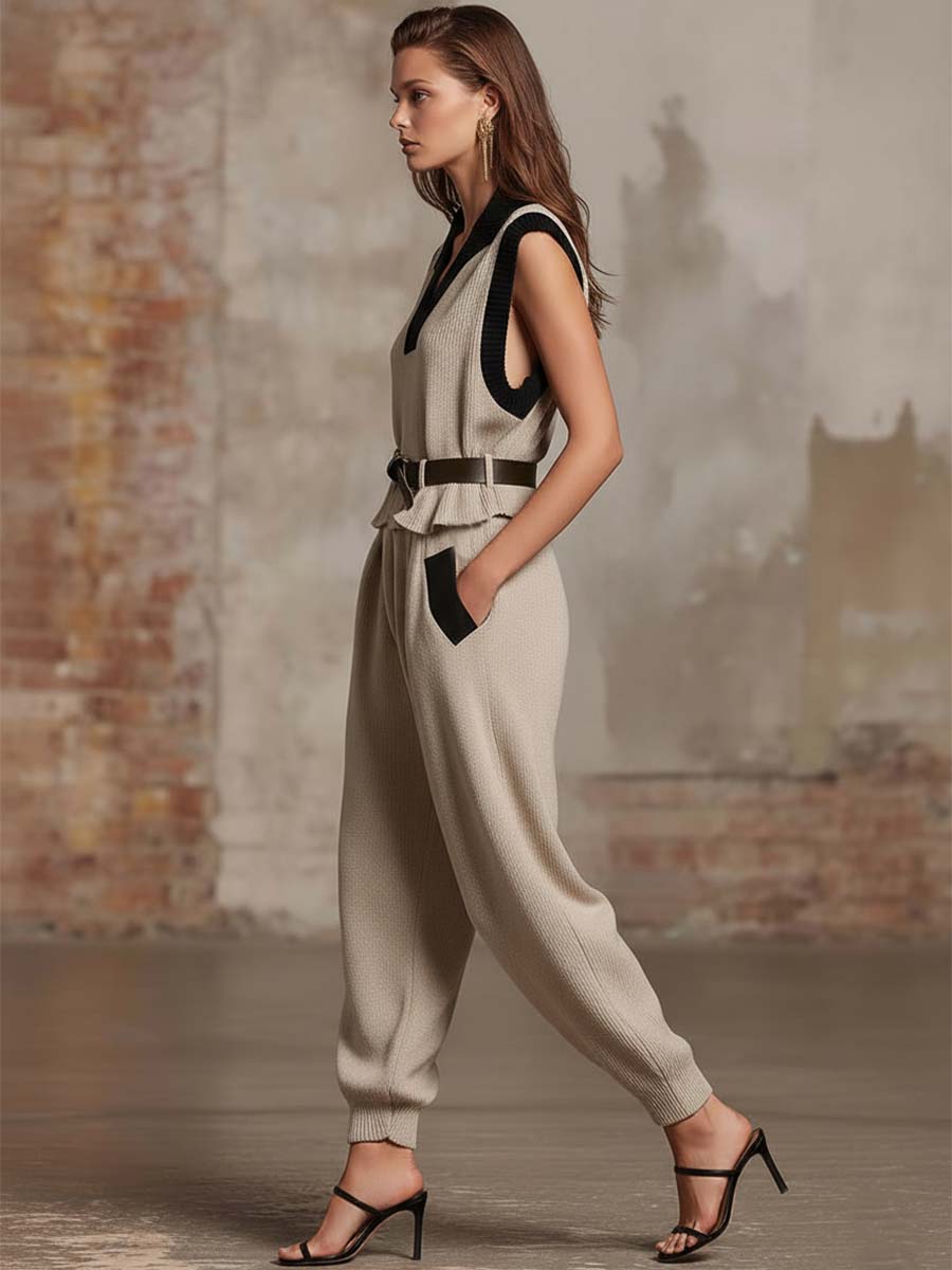 Casual Urban Black Trim Beige Knitted V-neck Sleeveless Top And Pants Set
