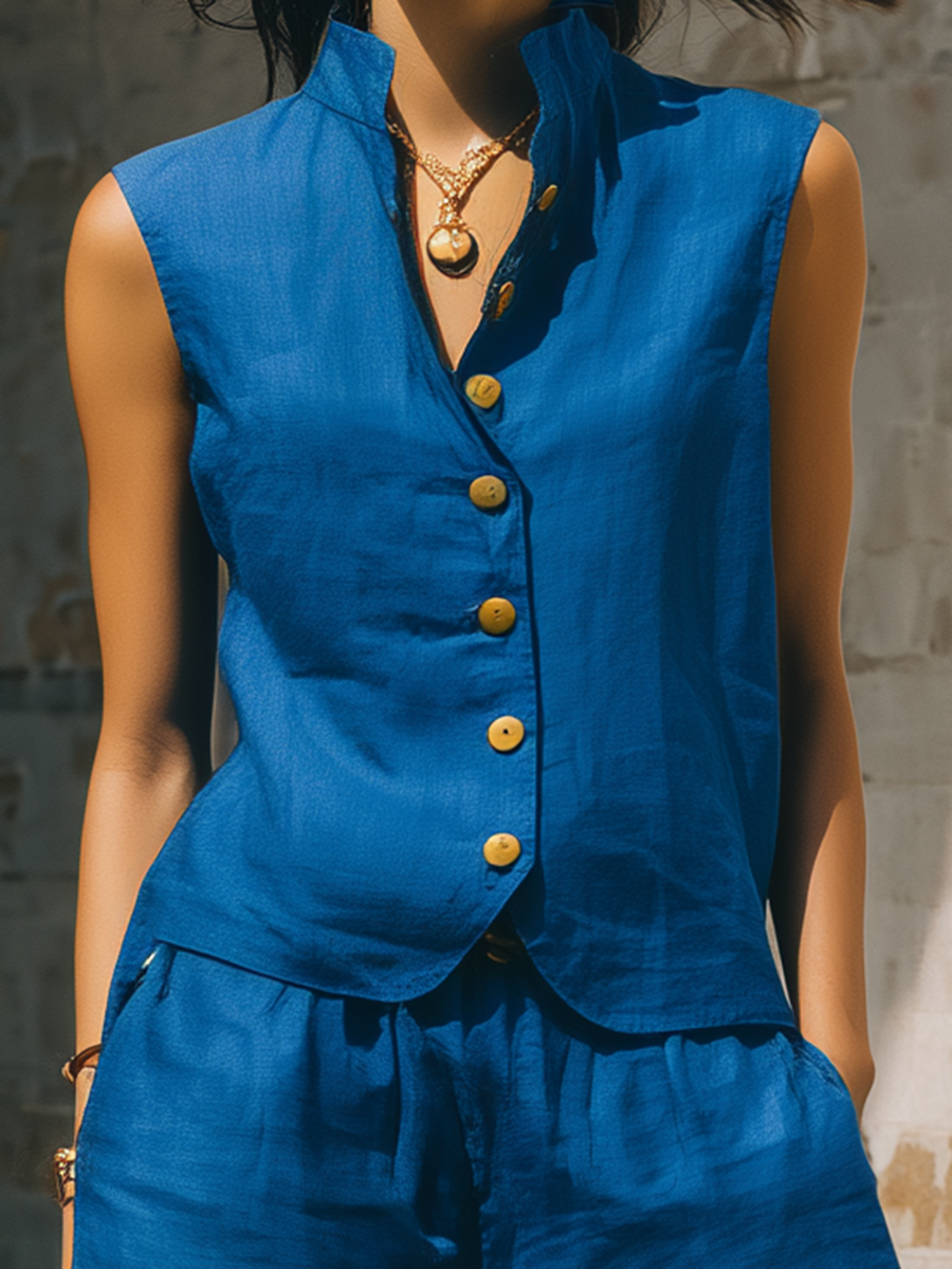 Retro-chic Loose-fitting Sleeveless Front-buttoned Top And Shorts Blue Cotton Set