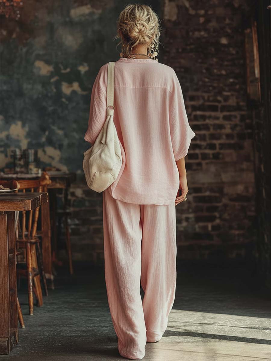 Casual Urban Bohemian Style V-neck Pink Cotton Blouse And Pants Set