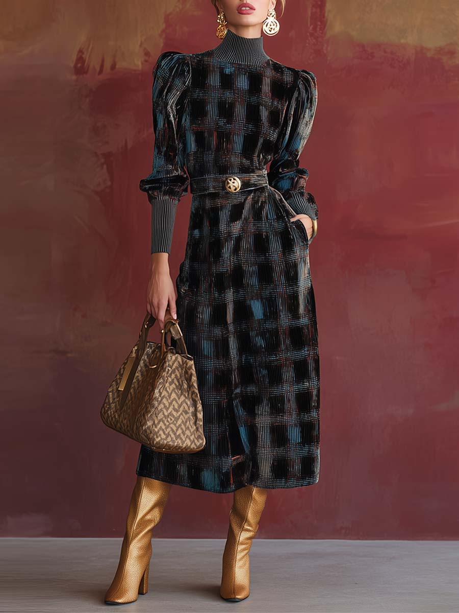 Retro Exquisite Fashion High Collar Plaid Print Black Velvet Midi Dress