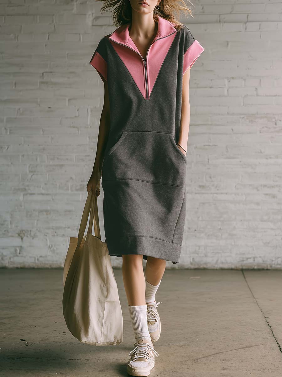 Retro Fashion Sporty Collared Front Zipper Pink And Dark Gray Contrast Cotton Midi Dress