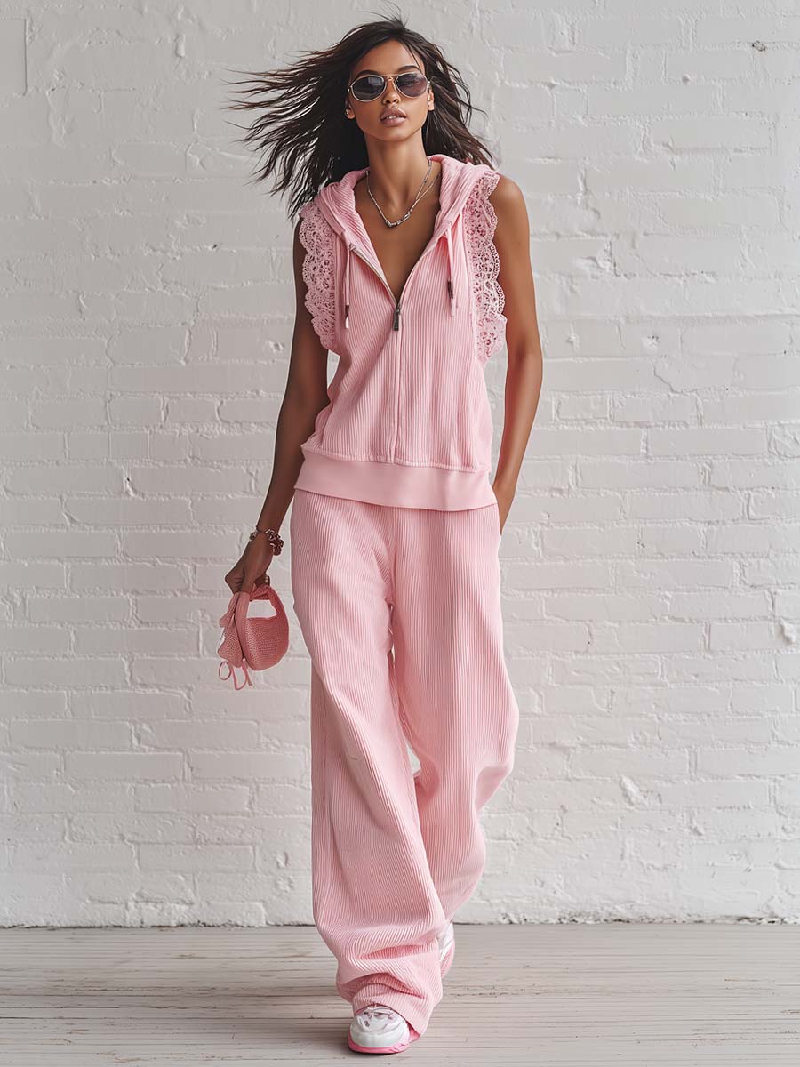 Blokette Aesthetic Lace-Trimmed Hooded Light Pink Knitted Zip-Up Top And Pants Set