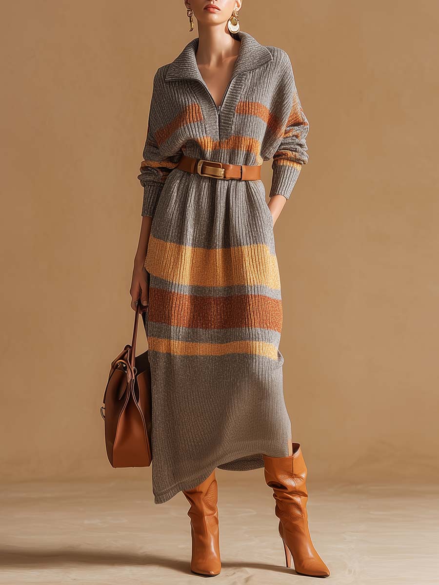 Retro Fashion Comfortable Lapel Front Zipper Orange Striped Gray Knitted Maxi Dress