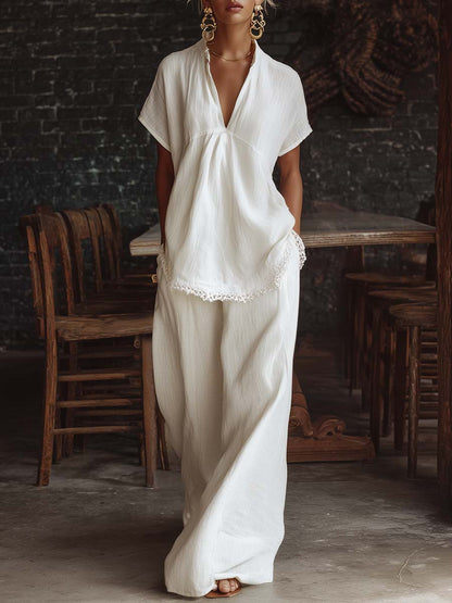 Elegant Casual Urban Style V-neck Lace Hem White Cotton Short-sleeved Top And Pants Set