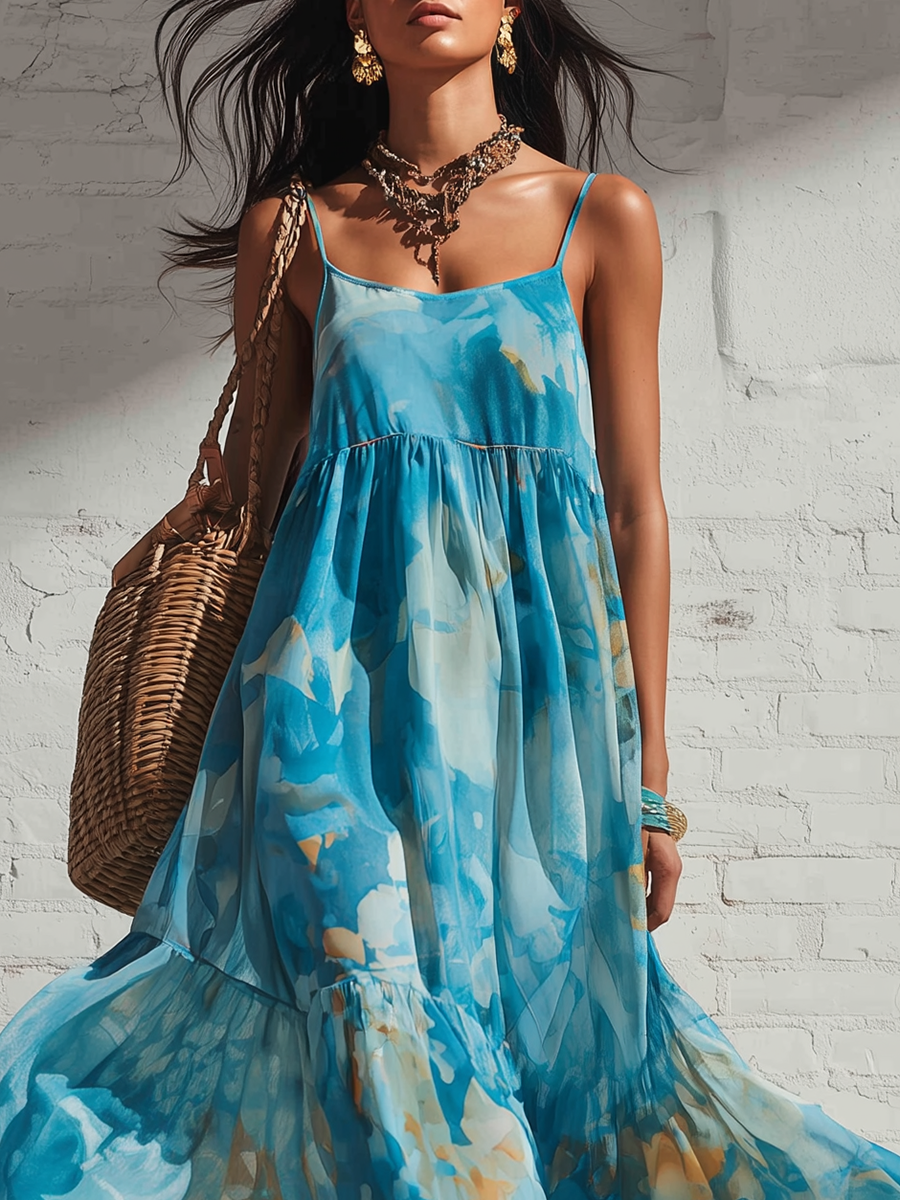 Vacation Style Blue Chiffon Strappy Printed Maxi Dress