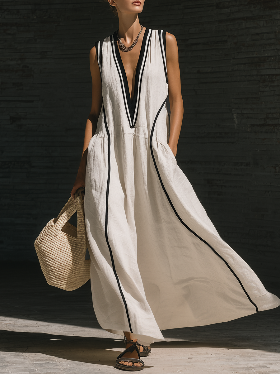 Stylish Simple Sleeveless V-neck Black Ribbon Trim White Cotton Maxi Dress