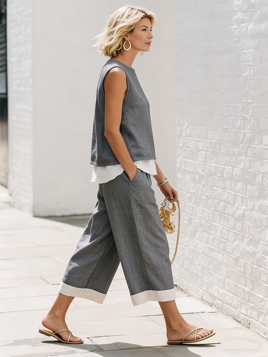 Retro Sleeveless Grey Cotton Linen Top With White Paneling Wide Leg Pants Set
