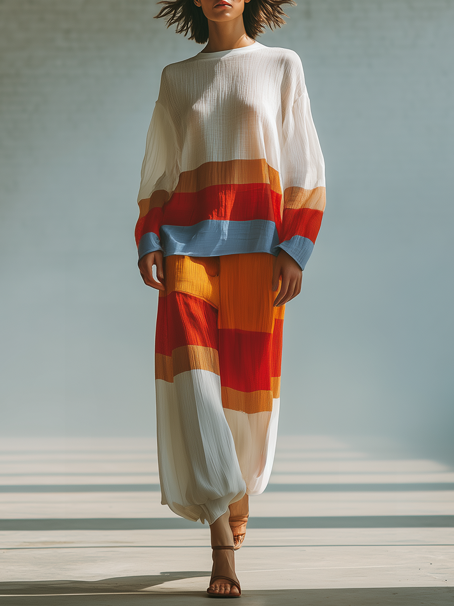 Stylish Simple Striped Loose-fitting Long-sleeved Round-neck Top And Wide-leg Chiffon Pants Set