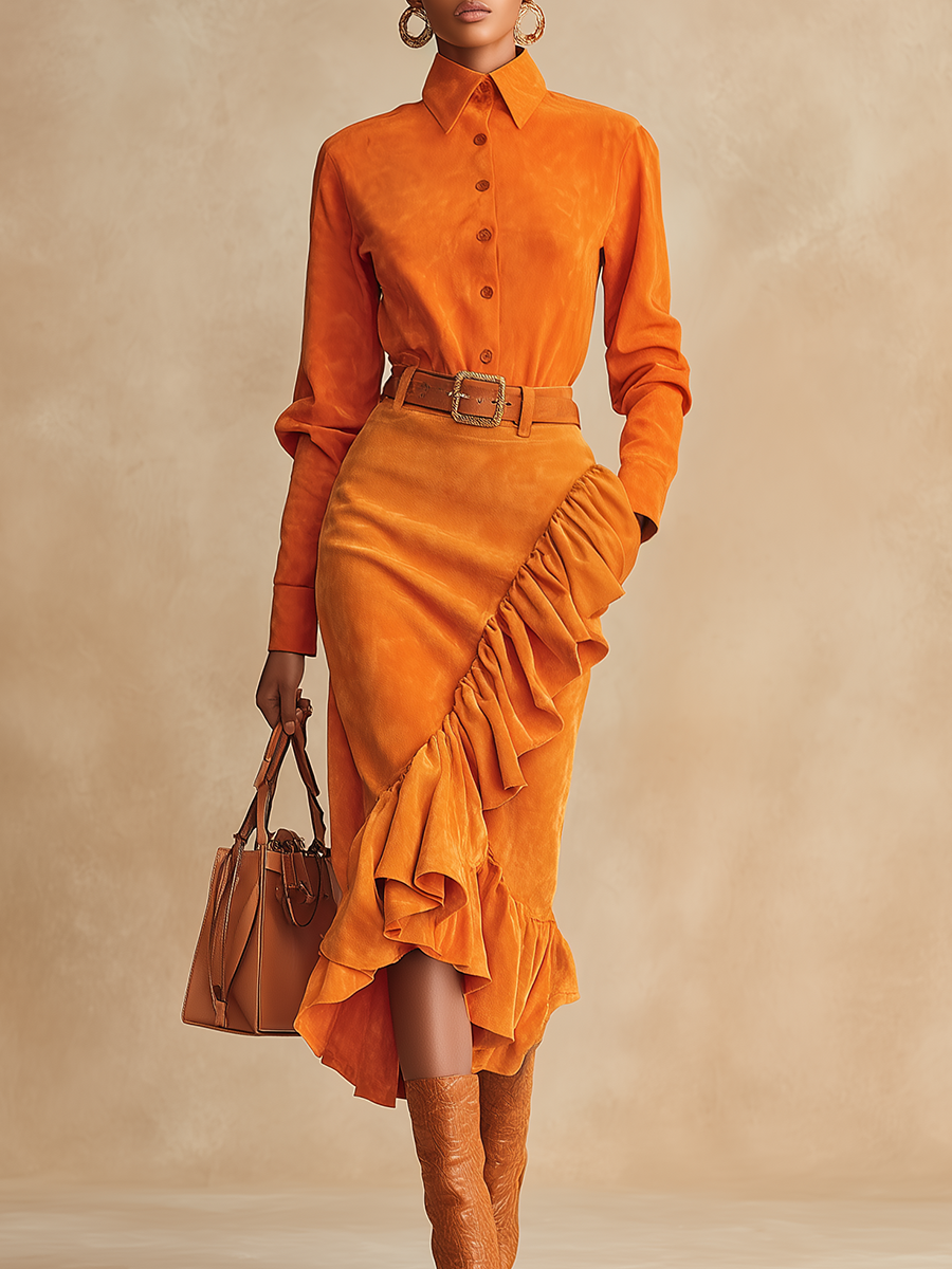 Retro Chic Lapel Faux Suede Shirt And Ruffled Skirt