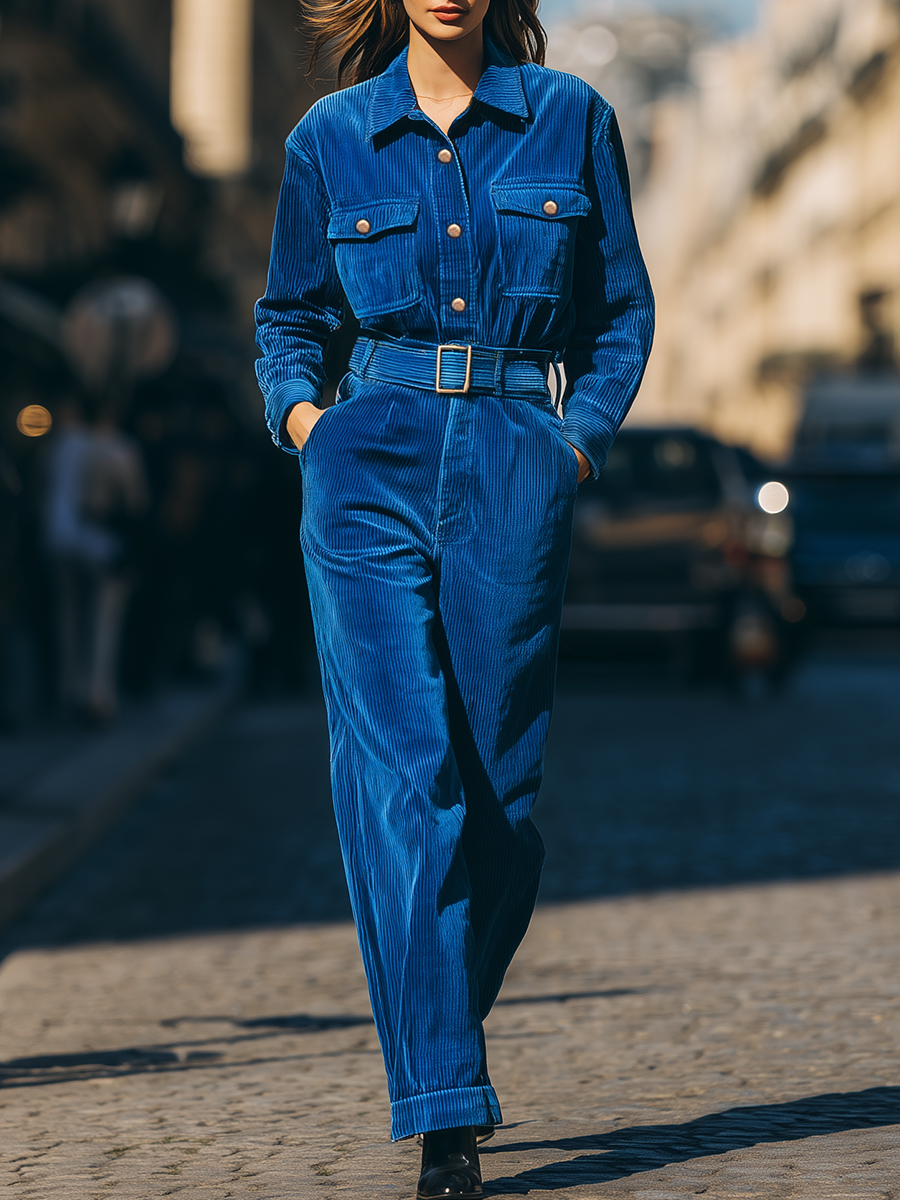 Vintage Corduroy Shirt And Straight-leg Pants Set