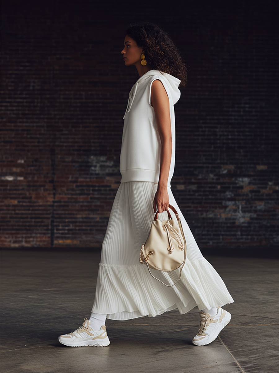 Sporty Casual Style White Knit Sleeveless Hooded Top And Chiffon Pleated Skirt Set