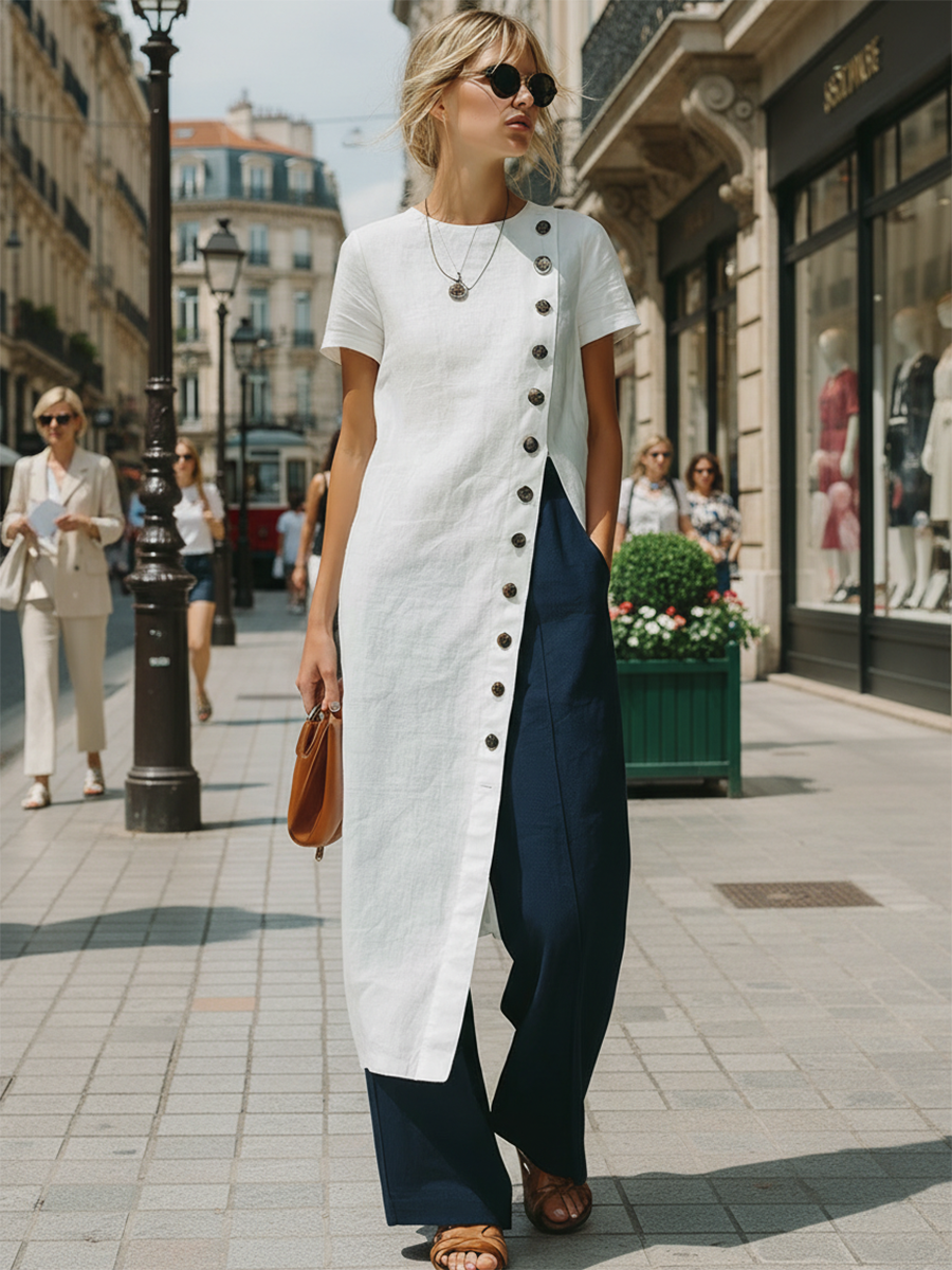 Stylish Simple Short-sleeved Slanted Placket Button Slit White Long Skirt Top And Navy Blue Trousers Cotton Set