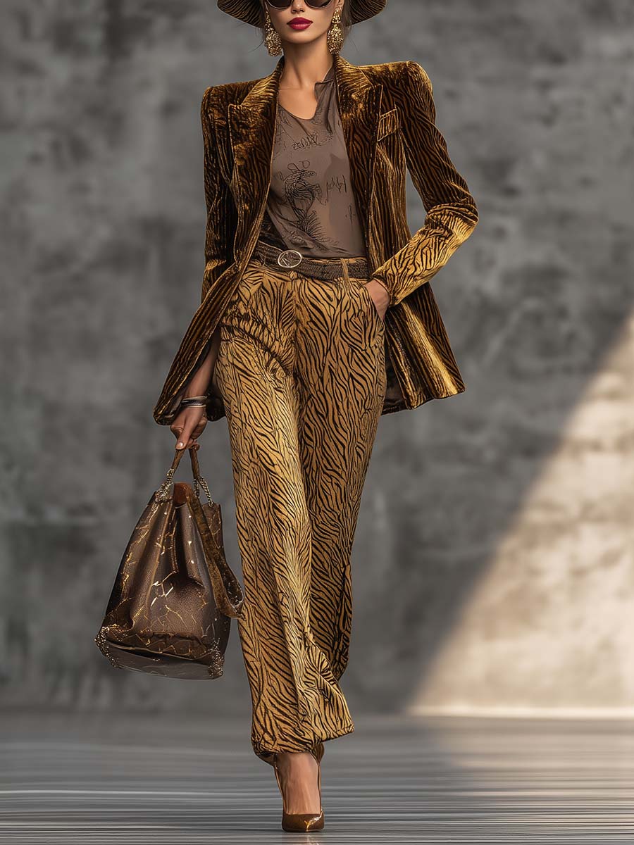 Exquisite Retro Street Gold Velvet Tiger Print Peak Lapel Blazer And Pants Set