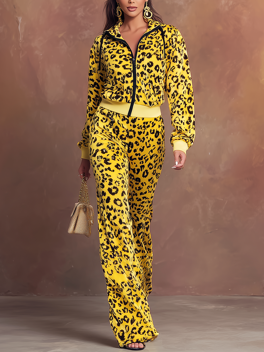 Retro Urban Sports Street Style Yellow Velvet Leopard Print Hooded Top And Pants Set
