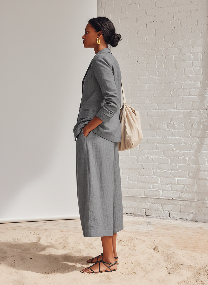 Loose Fitting Gray Cotton And Linen Suit With Lapel Jacket And Wide Leg Trousers Set
