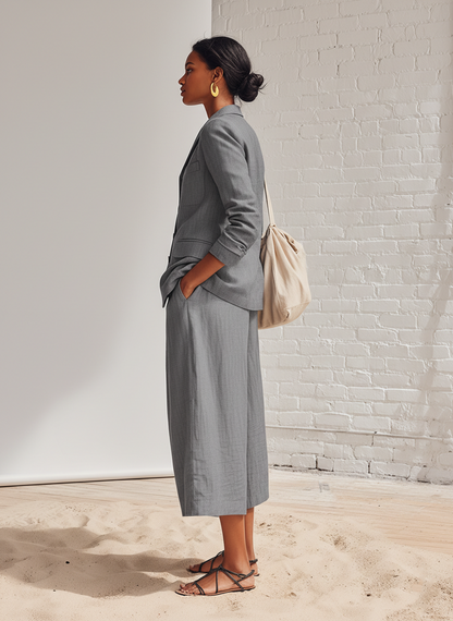 Loose Fitting Gray Cotton And Linen Suit With Lapel Jacket And Wide Leg Trousers Set