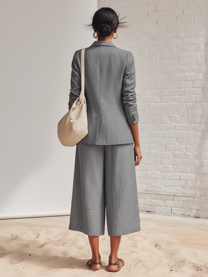 Loose Fitting Gray Cotton And Linen Suit With Lapel Jacket And Wide Leg Trousers Set