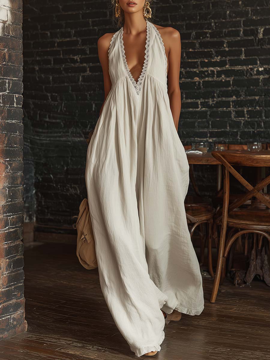 Retro Urban Bohemian V-neck Lace Trim Sleeveless Off-white Cotton Jumpsuit