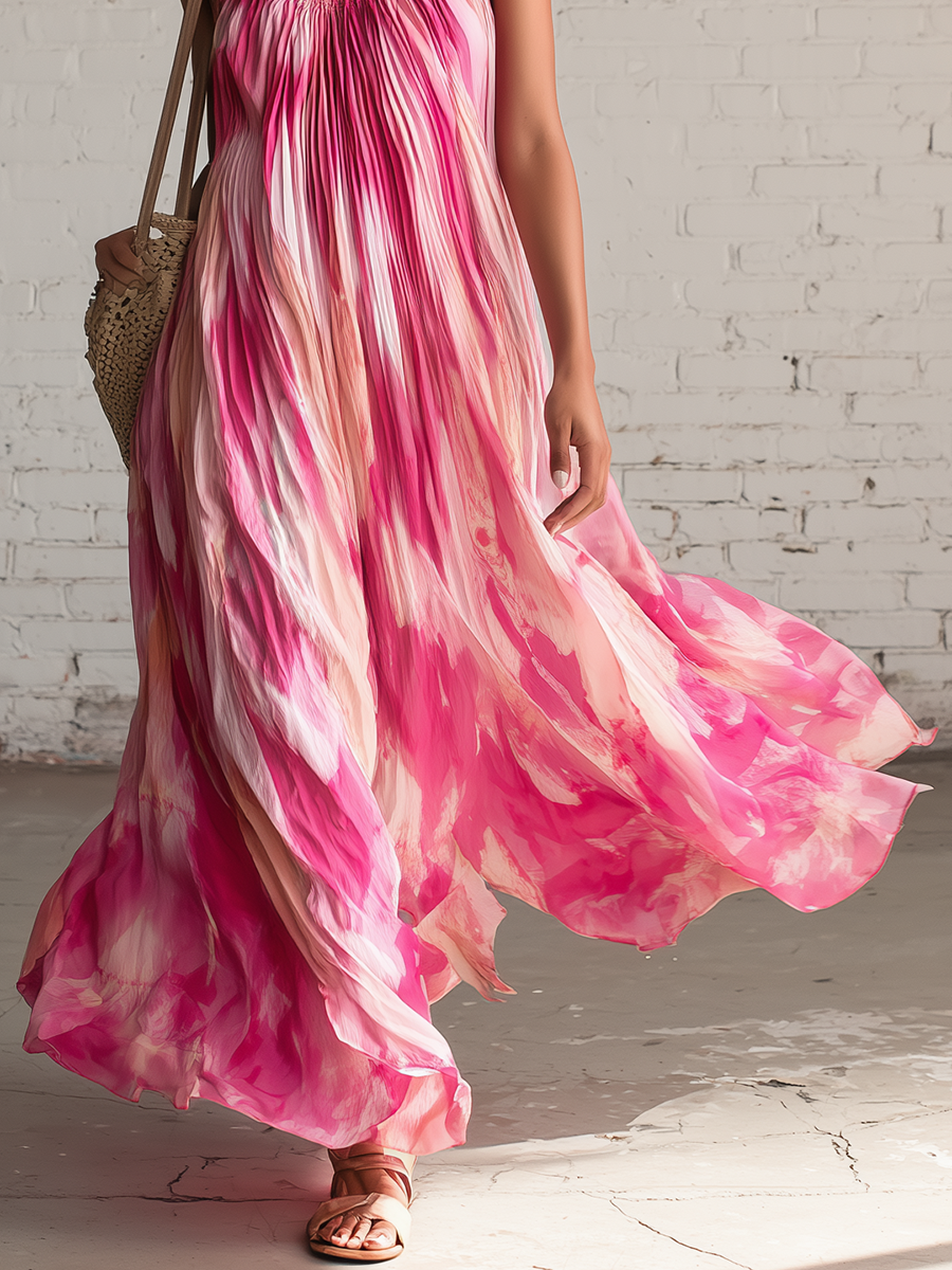 Vacation Style Pink Chiffon Printed Sleeveless Pleated Maxi Dress