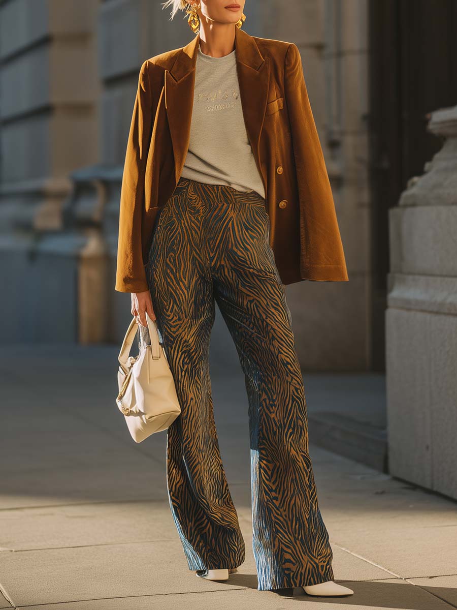 Retro Exquisite Street Brown Velvet Peak Lapel Blazer And Tiger Print Pants Suit
