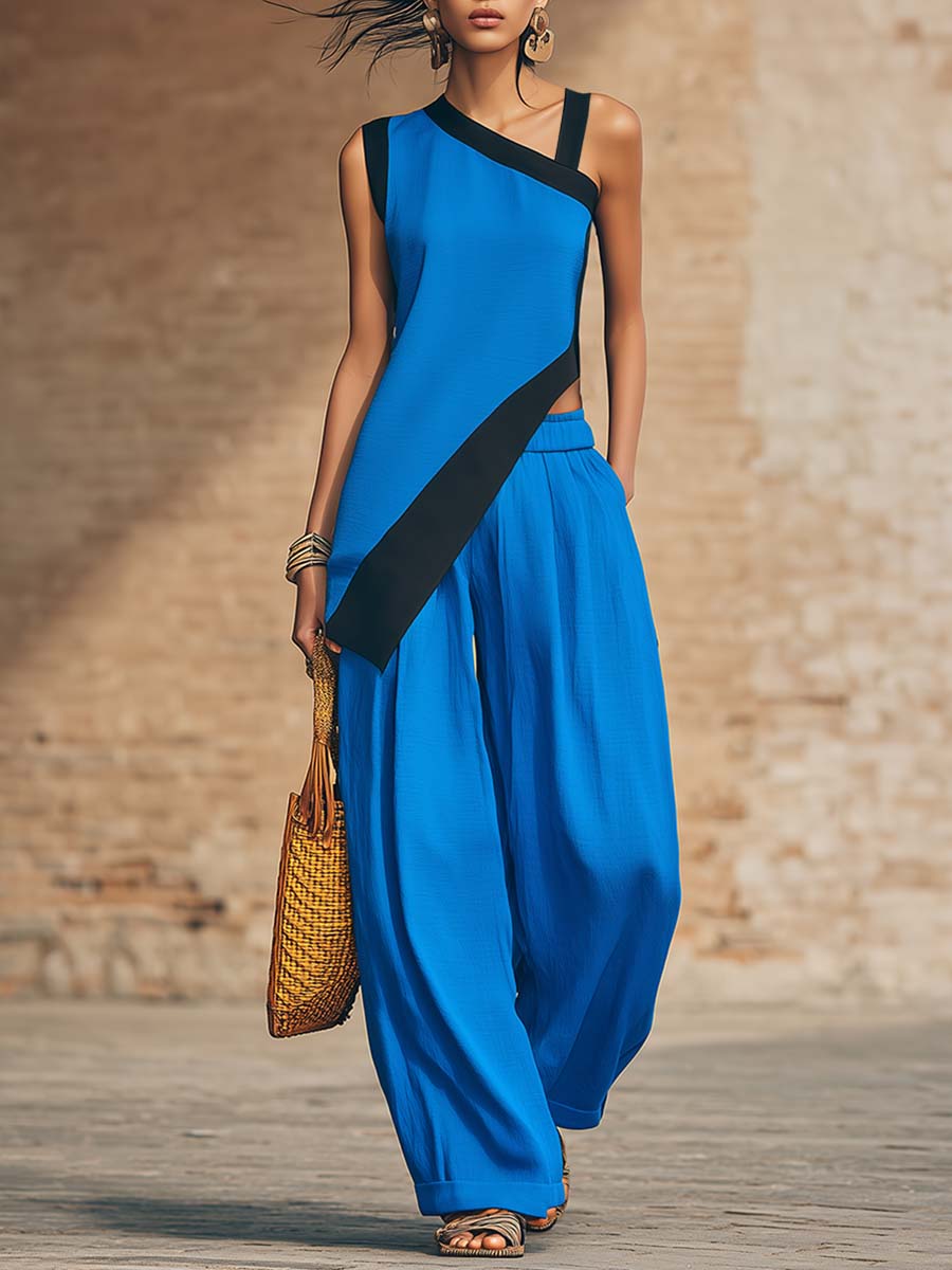 Temperament Casual Urban Black Trim Royal Blue One-shoulder Asymmetrical Top And Pants Set