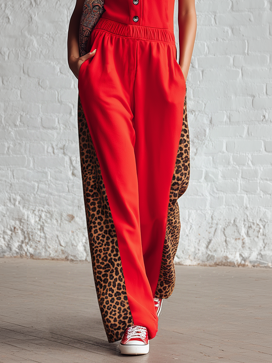 Sporty Red Knitted Stand Collar Sleeveless With Leopard Print Paneling Jumpsuit