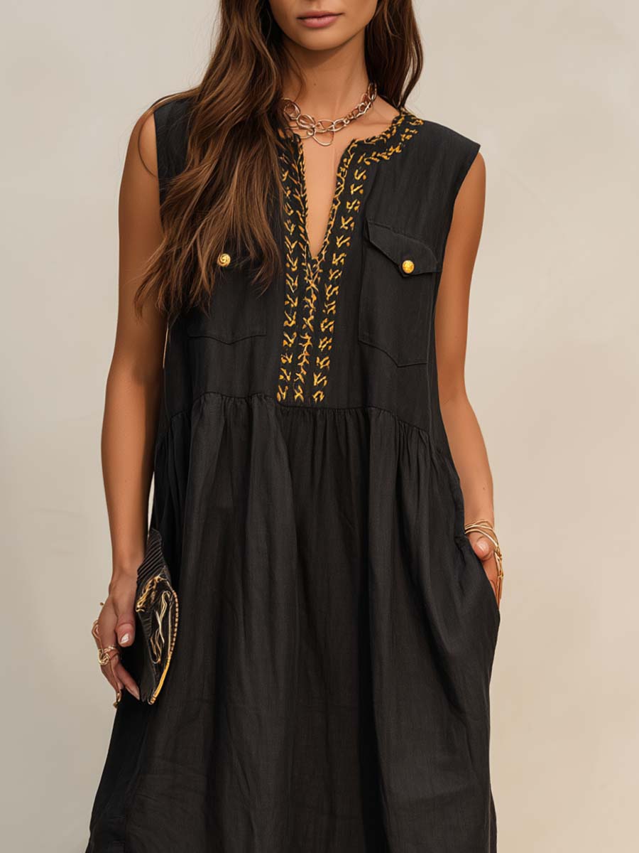 Exquisite Casual Loose Fit Gold Embroidered V-neck Sleeveless Black Cotton Linen Maxi Dress