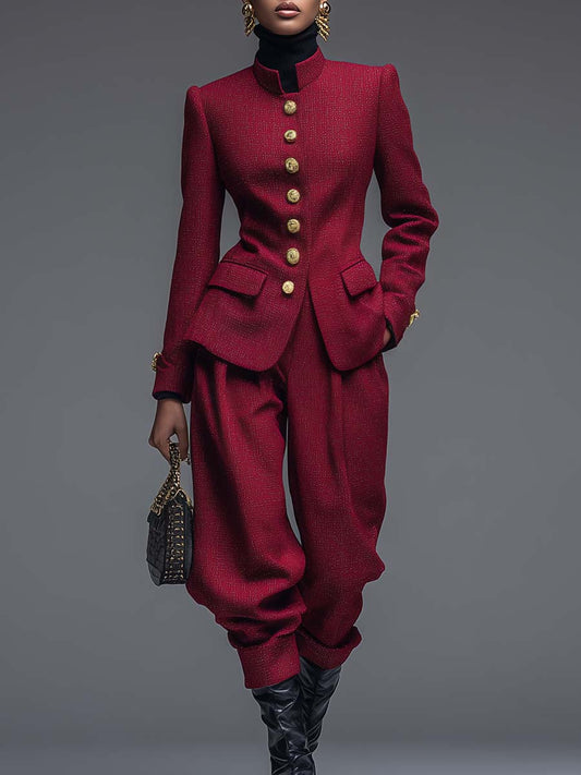 Retro Fashion Crimson Stand Collar Metal Front Button Jacket And Wide Pants Set