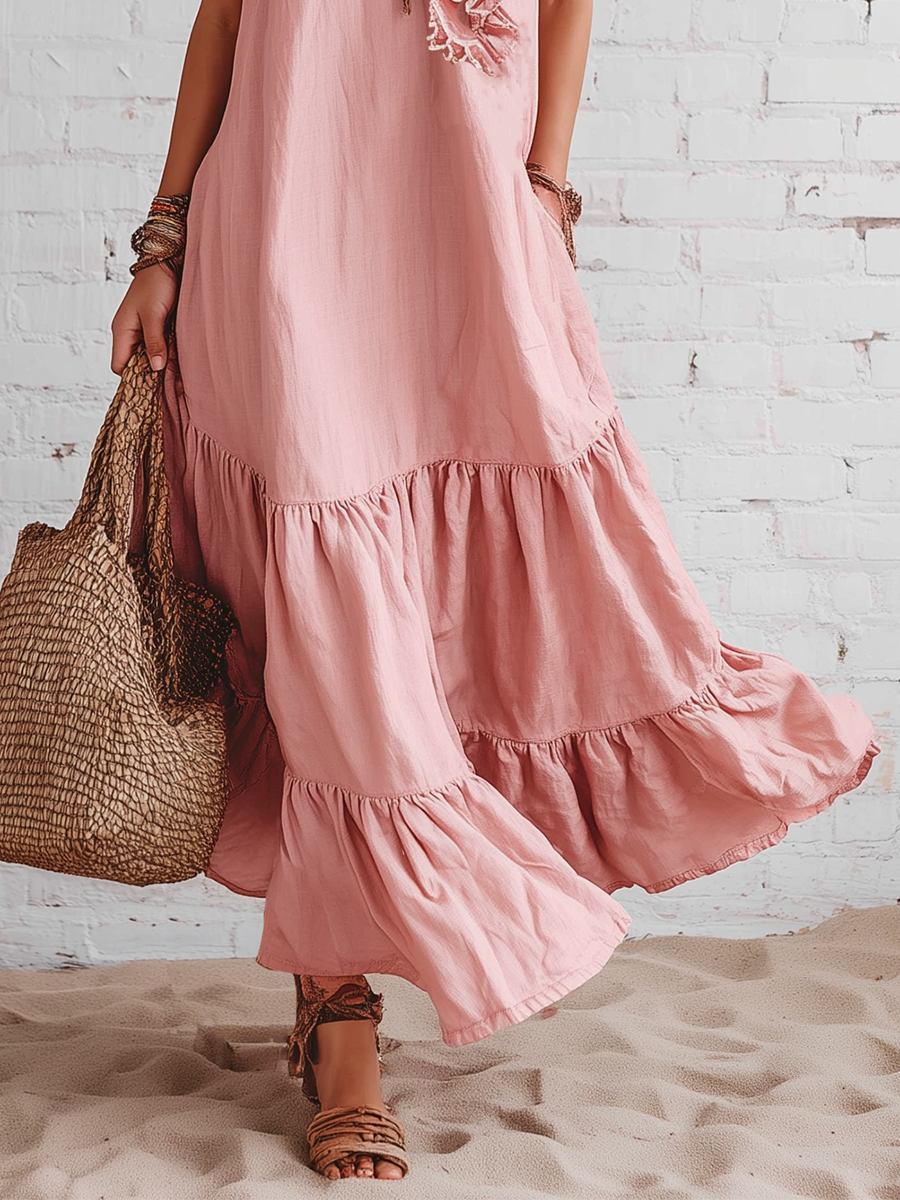 Casual Pink Cotton Linen Blend Sleeveless With Ruffled Round Neckline Maxi Dress