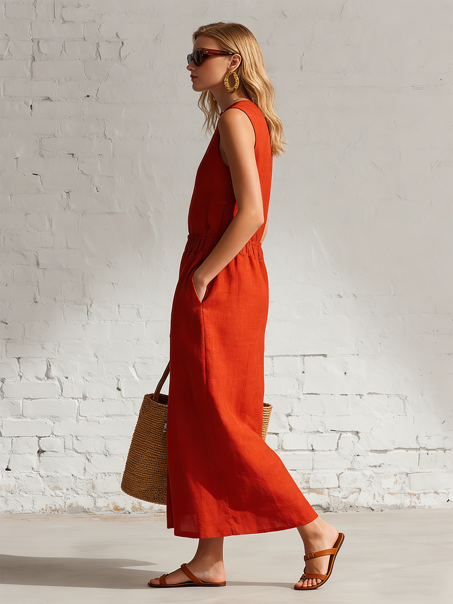 Casual Red Cotton Linen Sleeveless Elastic Waist Slit Midi Dress