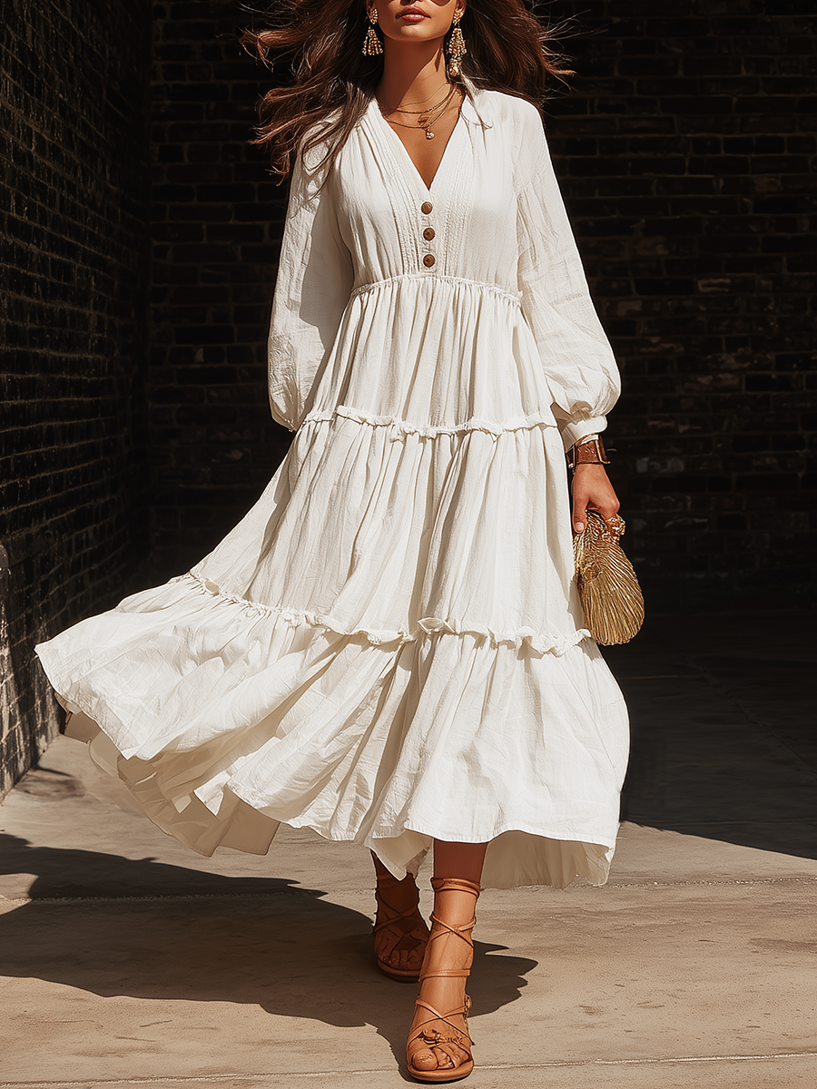 Stylish Simple Loose-fitting Long-sleeved V-neck Front Button Closure Ruffled Hem White Cotton Dress