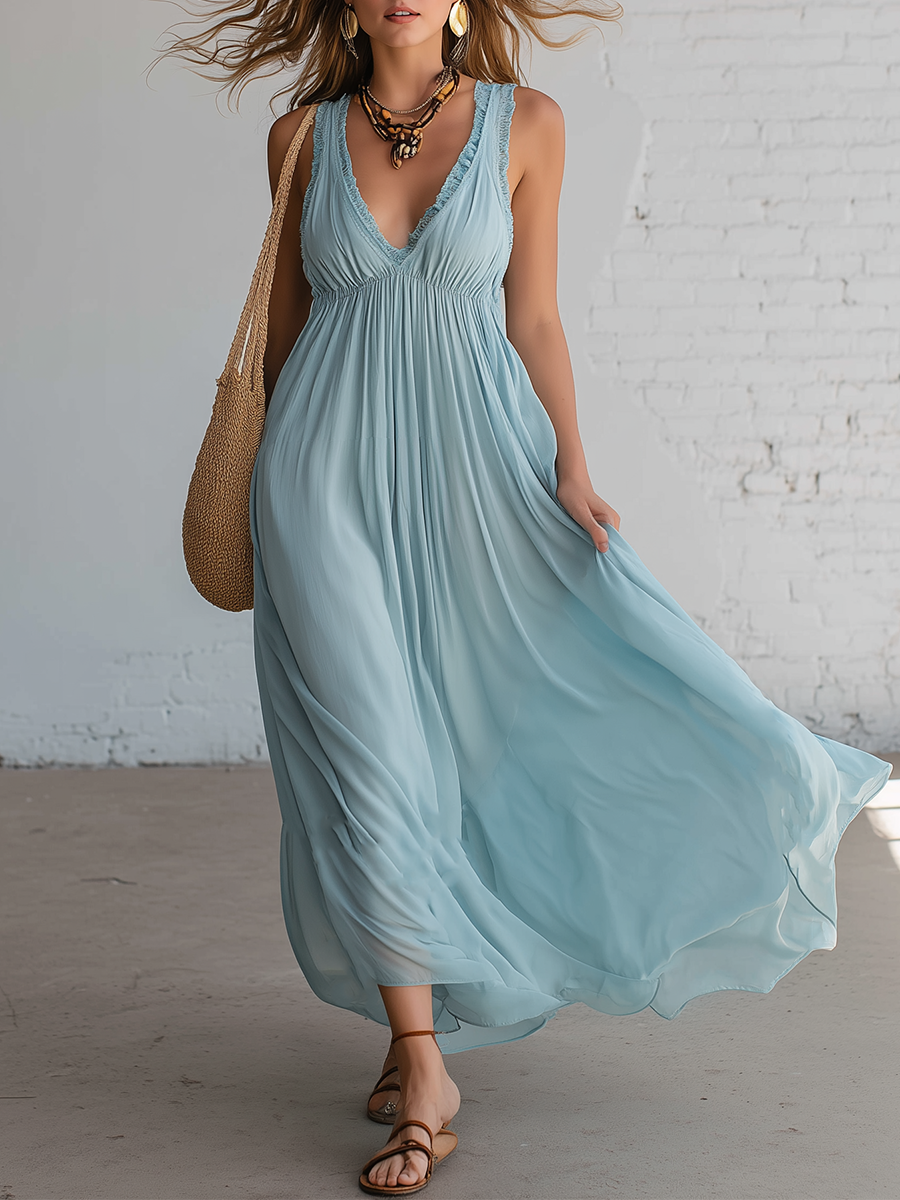 Resort Style Blue Chiffon V-neck Pleated Maxi Dress