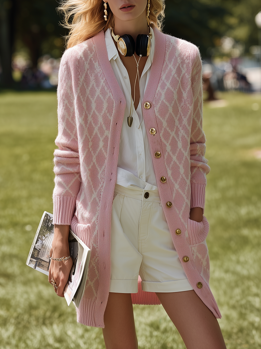 Breathable Fashion Comfortable V-neck Front-buttoned Diamond-patterned Light Pink Knit Cardigan
