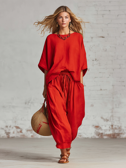 Casual Red Cotton And Linen Batwing Sleeve Top And Wide Leg Pants Set