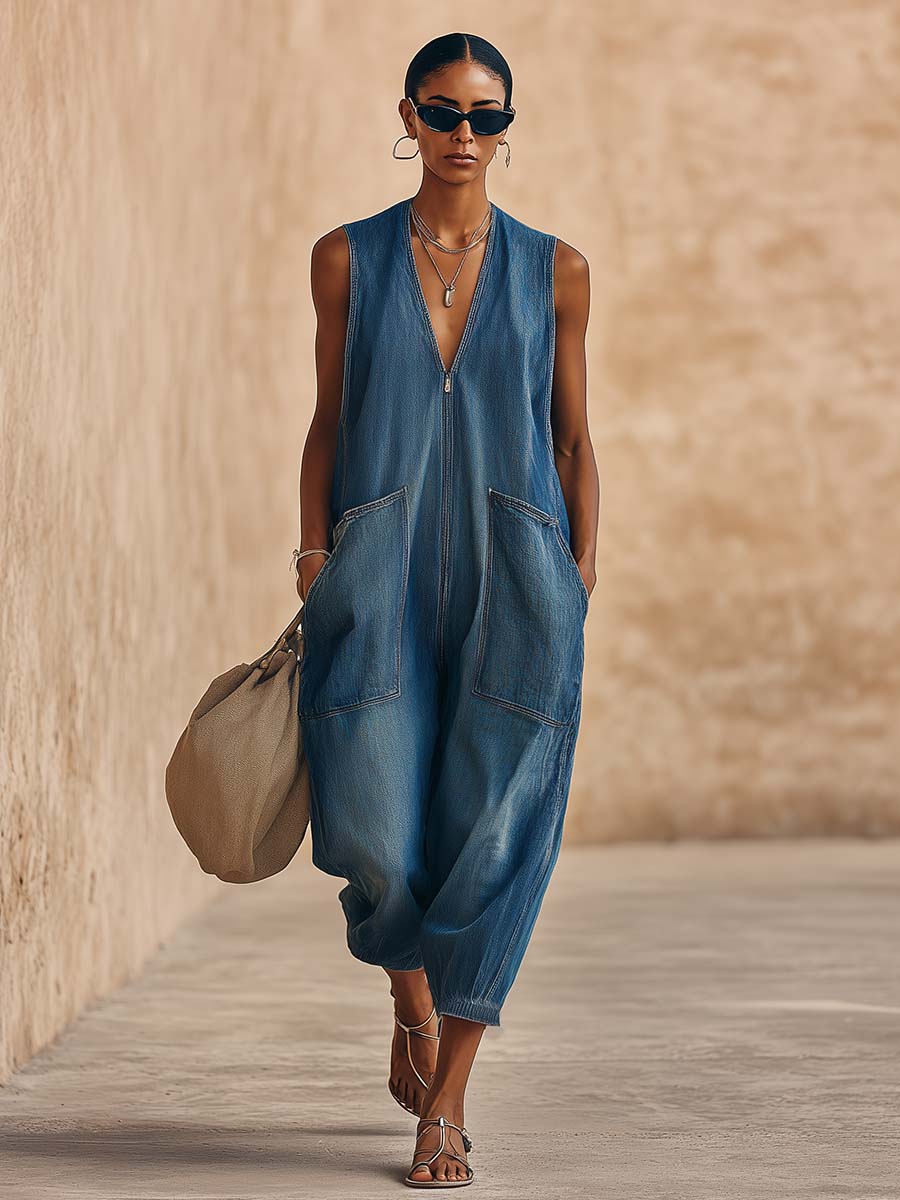 Retro Casual Urban V-neck Blue Denim Jumpsuit