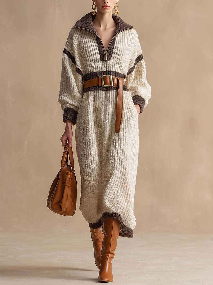Temperament Fashion And Comfort Contrast Lapel Cream Color Ribbed Knitted Midi Dress