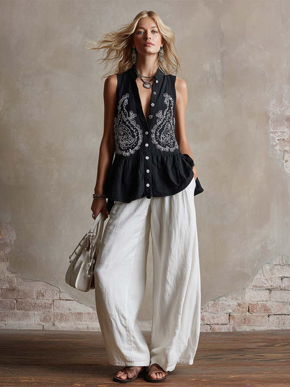 Retro Casual Paisley Embroidered Black Button-down Top And White Cotton-linen Trousers Set