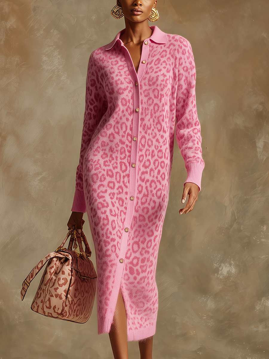 Retro-chic Classic Pink Knit Leopard Print Collared Button Midi Dress