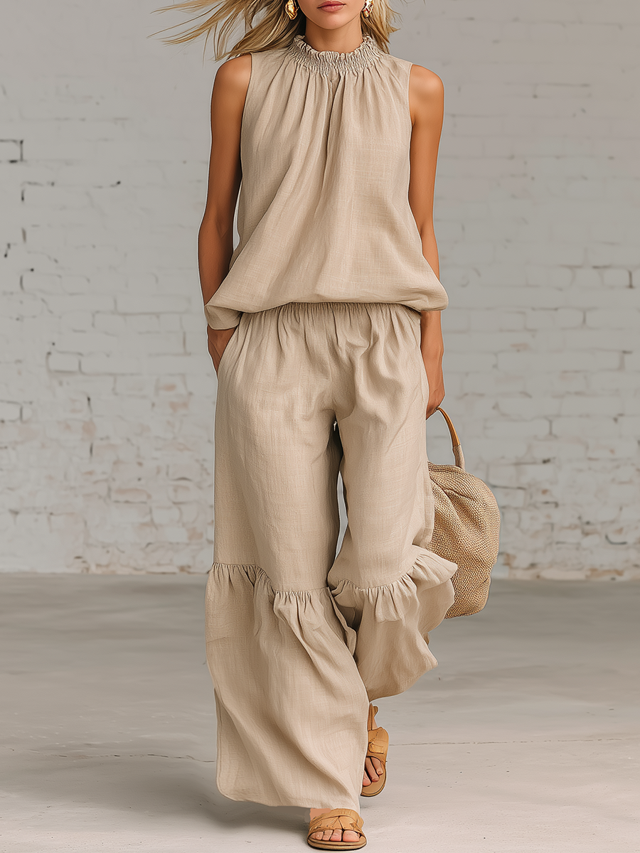 Simple Beige Cotton Linen Sleeveless Top And Wide Leg Pants Set