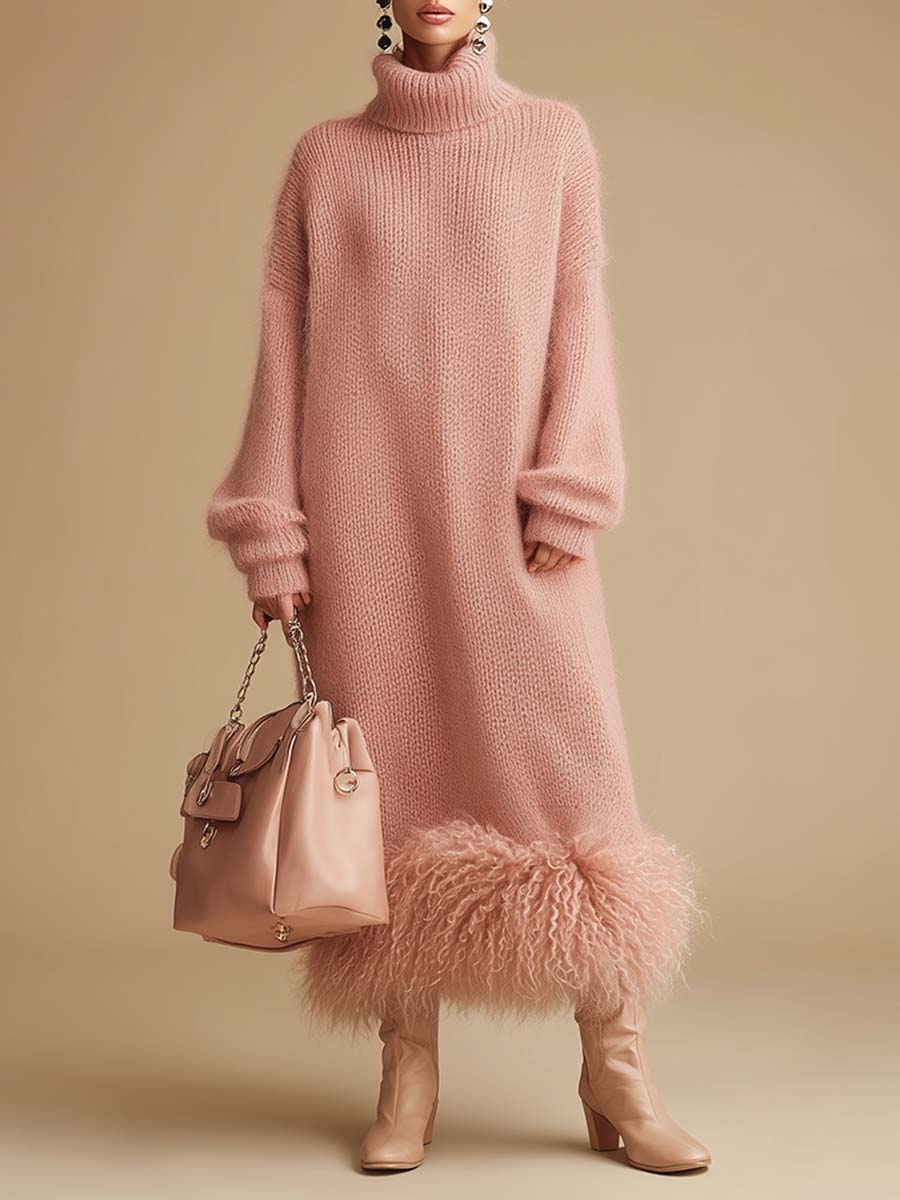 Retro Fashion Pink Turtleneck Furry Hem Knitted Midi Dress