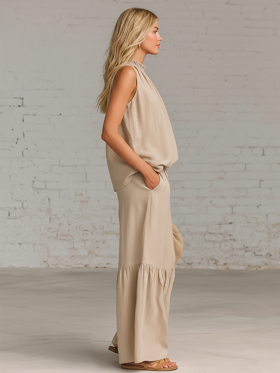 Simple Beige Cotton Linen Sleeveless Top And Wide Leg Pants Set