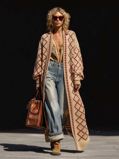 Vintage Classic Diamond Pattern Beige Cardigan Sweater