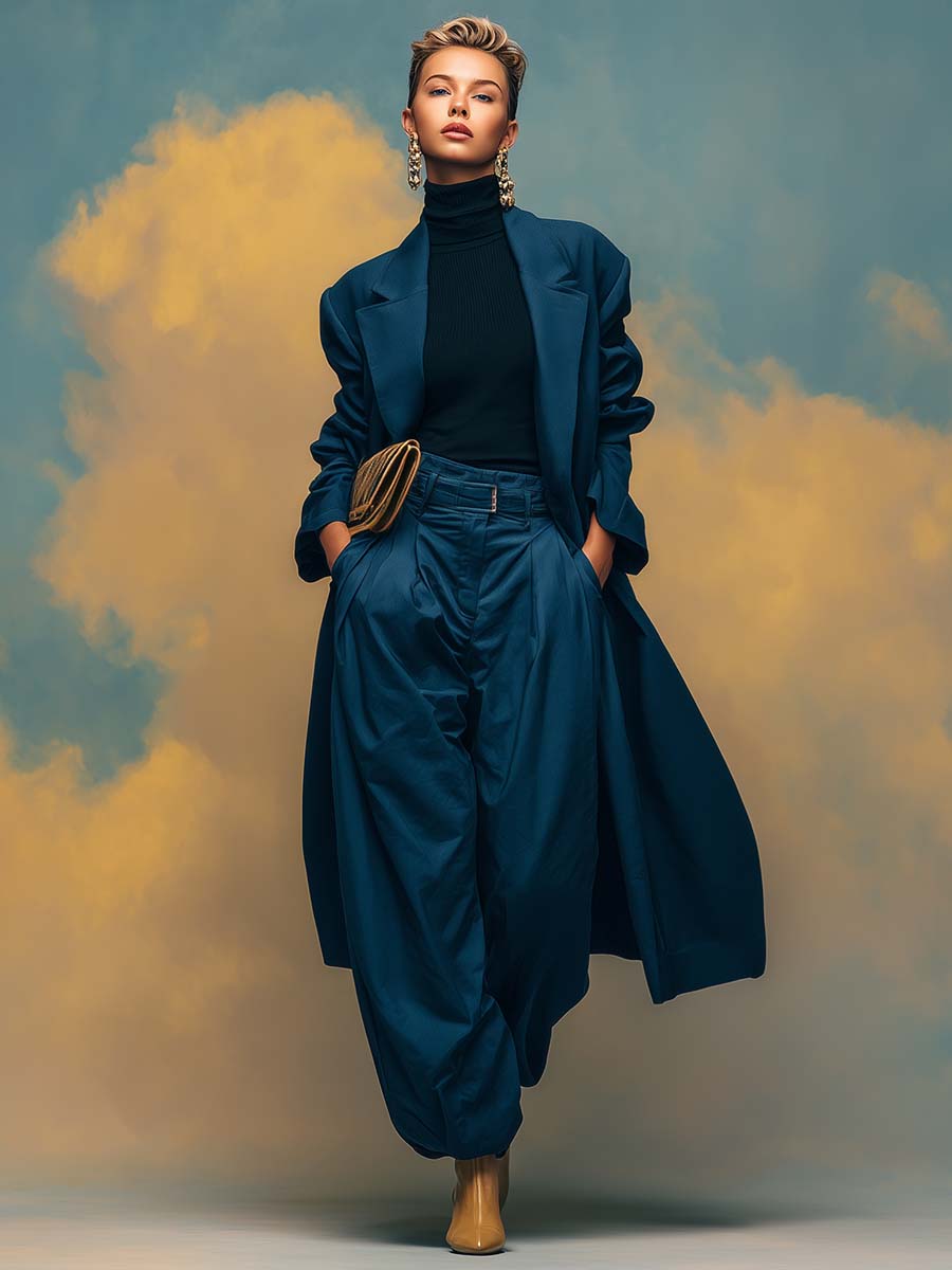 Exquisite Casual Urban Versatile Dark Blue Wide Lapel Trench Coat And Wide Pants Set