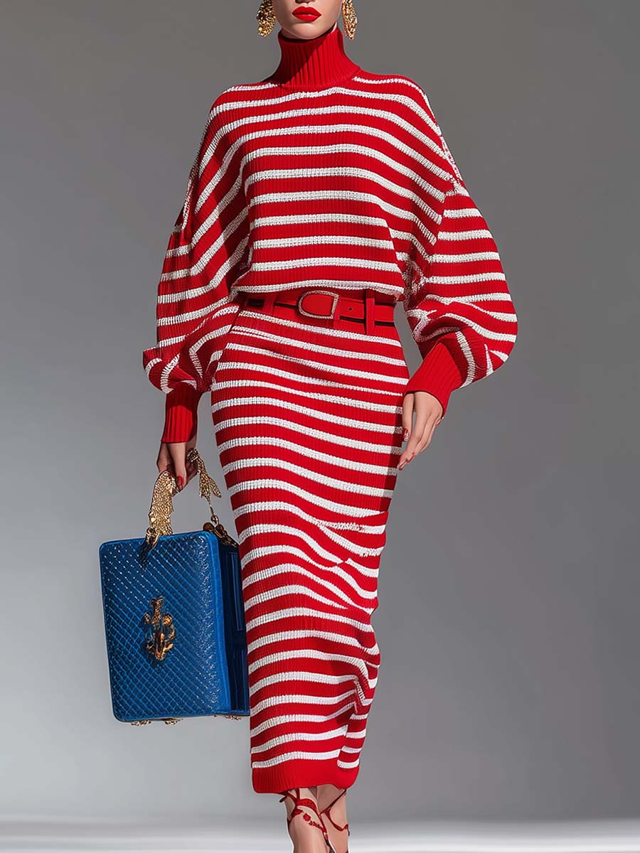 Temperamental And Fashionable High Collar Batwing Sleeves White And Red Striped Knitted Maxi Dress